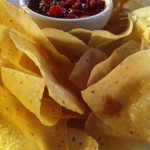 Chips &amp; a spicy salsa. Quite tasty.