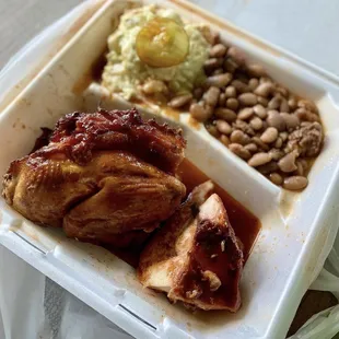 a meal in a styrofoam container
