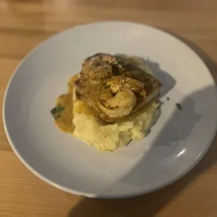 Mahi Mahi &amp; grilled shrimp on a bed of garlic potatoes