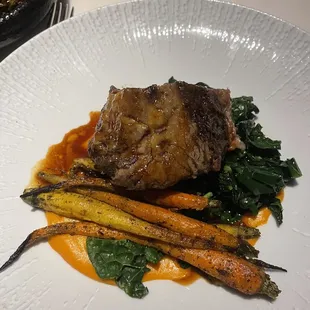 Beef, short rib with carrots, kale, and some type of purée