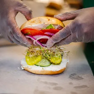 a sandwich being prepared