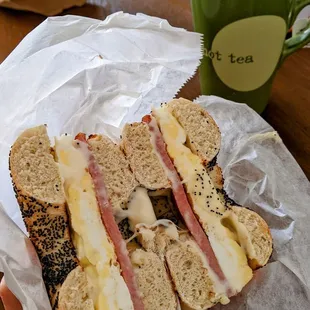 Pork roll, egg, and cheese on poppy seed bagel