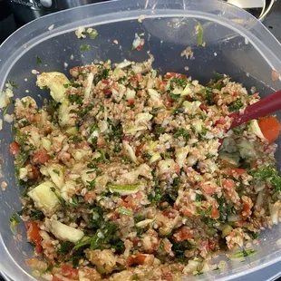 My homemade REAL tabbouleh with mint, tomato, cucumber, parsley, bulgur, and scallions