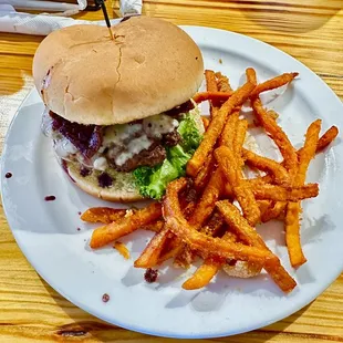 Blueberry bourbon bacon burger and sweet potato fries