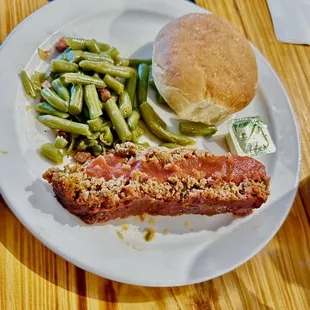 Meatloaf, green beans, and homemade roll