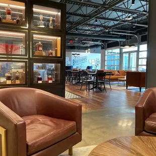 two leather chairs and a table