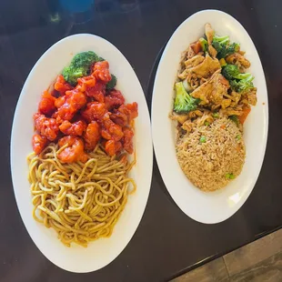 General Tso's chicken with lo mein noodles and chicken with broccoli and fried rice.