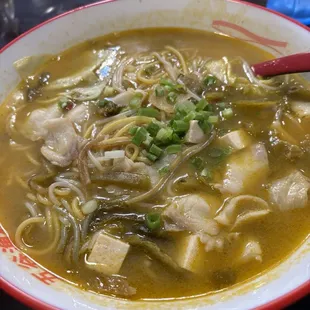 Classical Noodle Soup with Pickled Greens and Fish Fillet Pieces