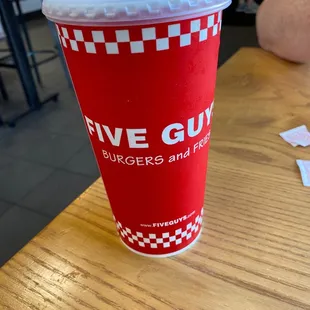 a red cup with a straw sitting on a table