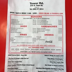 a menu for burgers and fries
