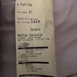 Receipt with extra patty