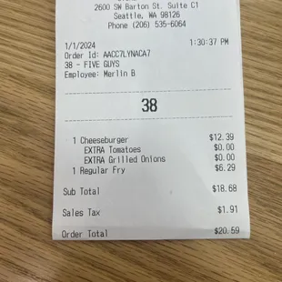 Receipt $20.59 its pricey for cheese burger n fries