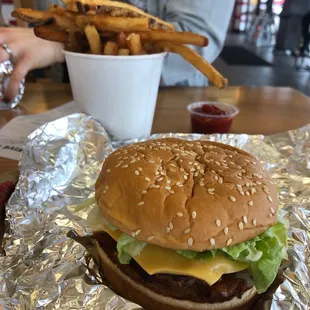 Little Bacon Cheeseburger and Regular Fries; shows only half the fries!!