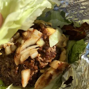 Bun less bacon cheeseburger with grilled onions and grilled mushrooms