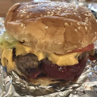 Little Bacon Cheeseburger~ My toppings: Grilled Onions, Grilled Mushrooms, Tomatoes, Pickles, Lettuce, BBQ Sauce, Mayo, Mustard and Ketchup!