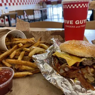 Little Bacon Cheeseburger, Little Cajun Fries, soda