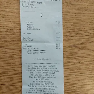 Receipt of my 12/14/21 order for a hot dog.