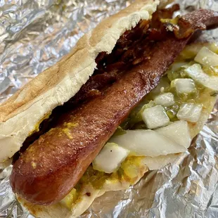 Bacon Hot Dog w/ onions, relish &amp; mustard