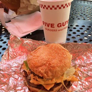 Grabbed a double bacon cheddar burger with mayo, pickles, lettuce, tomato, onion, mushroom, and ketchup.