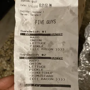 Receipt of what should've been on the burgers