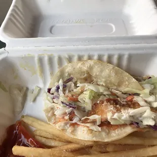 One fish taco and fries. Order comes with two. I couldn&apos;t eat both they were so bad!