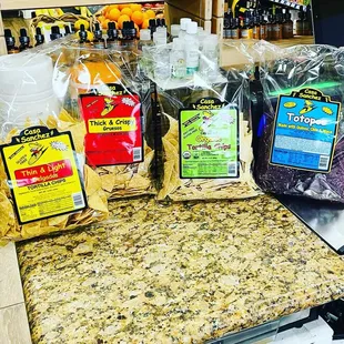 a variety of food items on a counter