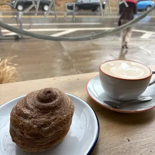 Latte and croissant style cinnamon bun
