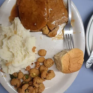 Banquet Salisbury steak and instant mashed potatoes.