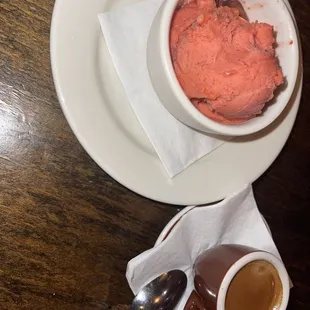 Strawberry sherbet with a side shot of espresso