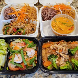 Combo C5 Thai Basil with Ground Chicken, Combo C2 Panang Curry Chicken, Phad See Ew - Chicken, Papaya Salad - (clockwise from top left)