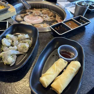 Garlic shrimp and spring rolls