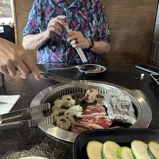 Shrimp, Marble beef, zucchini, mushrooms.