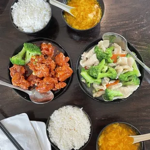 Sesame Chicken, Chicken with Broccoli, Egg Drop Soup