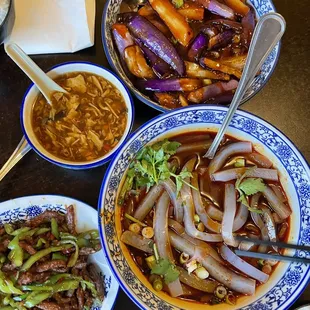 Sichuan Style Cold Jelly, Eggplant with Garlic Sauce, Hot and Hot &amp; Sour Soup, Shredded Pork with Spicy Green Peppers