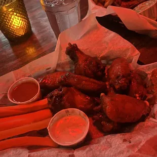 chicken wings, carrots, celery, and fries