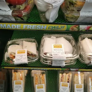 a display of sandwiches