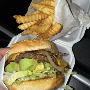 Avocado Burger, mayo, lettuce, cheese, grilled onions &amp; bacon only with fries.