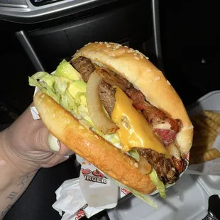 Avocado Burger, mayo, lettuce, cheese, grilled onions &amp; bacon only.