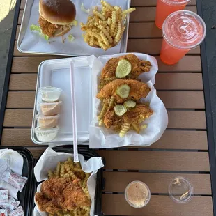 Top: Five star chicken sandwich combo $11.99, strawberry sunrise lemonade $3.99ea, Middle: 3 tenders $15.99, bottom: already eaten tender