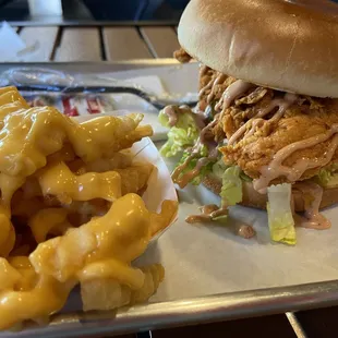 Chicken sandwich and cheese fries