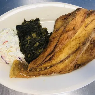 Croaker, greens and coleslaw