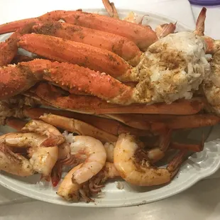 Steamed crab legs and shrimp