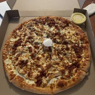 Half Chicken Bacon Ranch Pizza and Bacon Double Cheeseburger Pizza