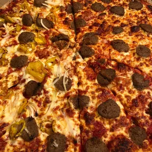 Meatball pizza with onions and banana peppers