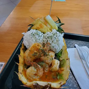Spicy shrimp pineapple boat
