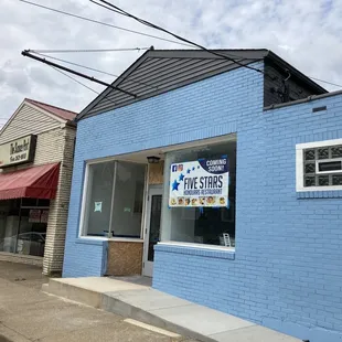 a blue brick building