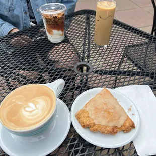 Drinks with pumpkin scone and a yogurt parfait