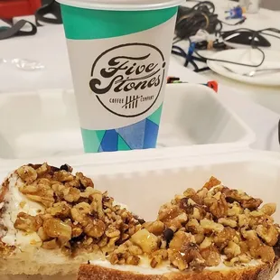 Honey Walnut w/ Cream cheese on Sourdough and a Cafe Stefano!