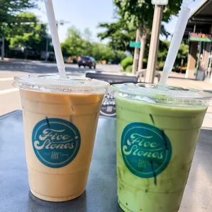 Iced latte, iced almond milk matcha latte