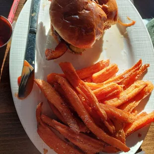 Maple bourbon bacon burger. Tasty and sweet, good bacon , not thin. Sweet potato fries were perfect, crispy on outside, fluffy on inside.